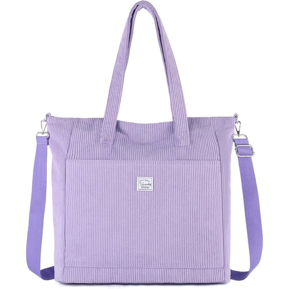 Light Purple Corduroy Tote Bag for Women, Large Capacity, Zipper Closure - Picture 1 of 8